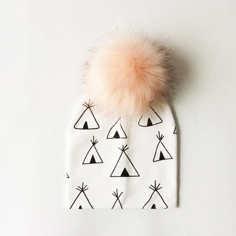 Luxury Modern Unique Toddler Boys and Girls Cartoon Printing Cotton Pompom Cap For Baby Beanie Hat With Pompon For Kids