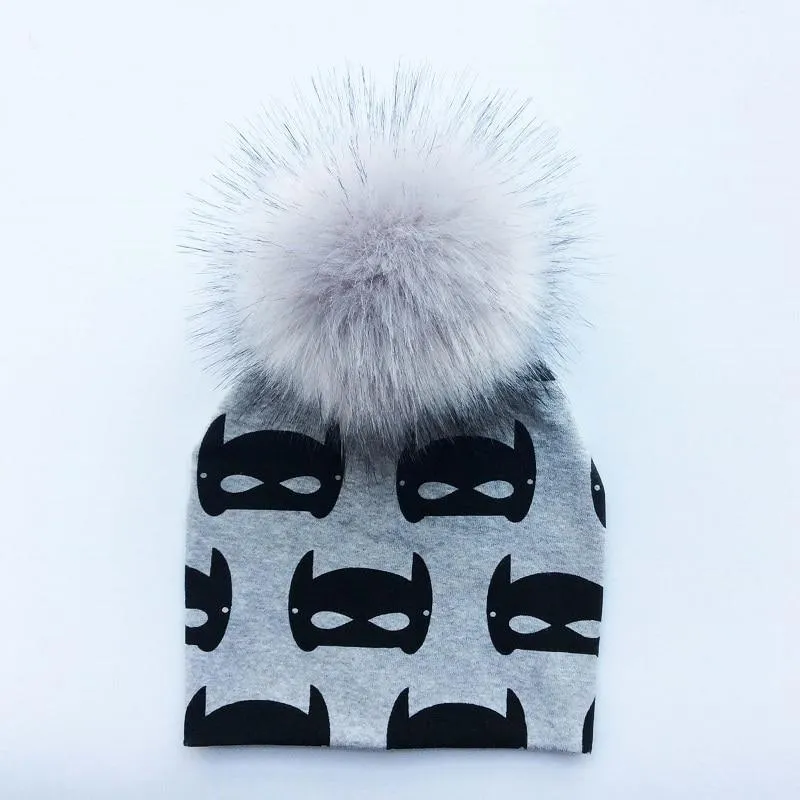 Luxury Modern Unique Toddler Boys and Girls Cartoon Printing Cotton Pompom Cap For Baby Beanie Hat With Pompon For Kids