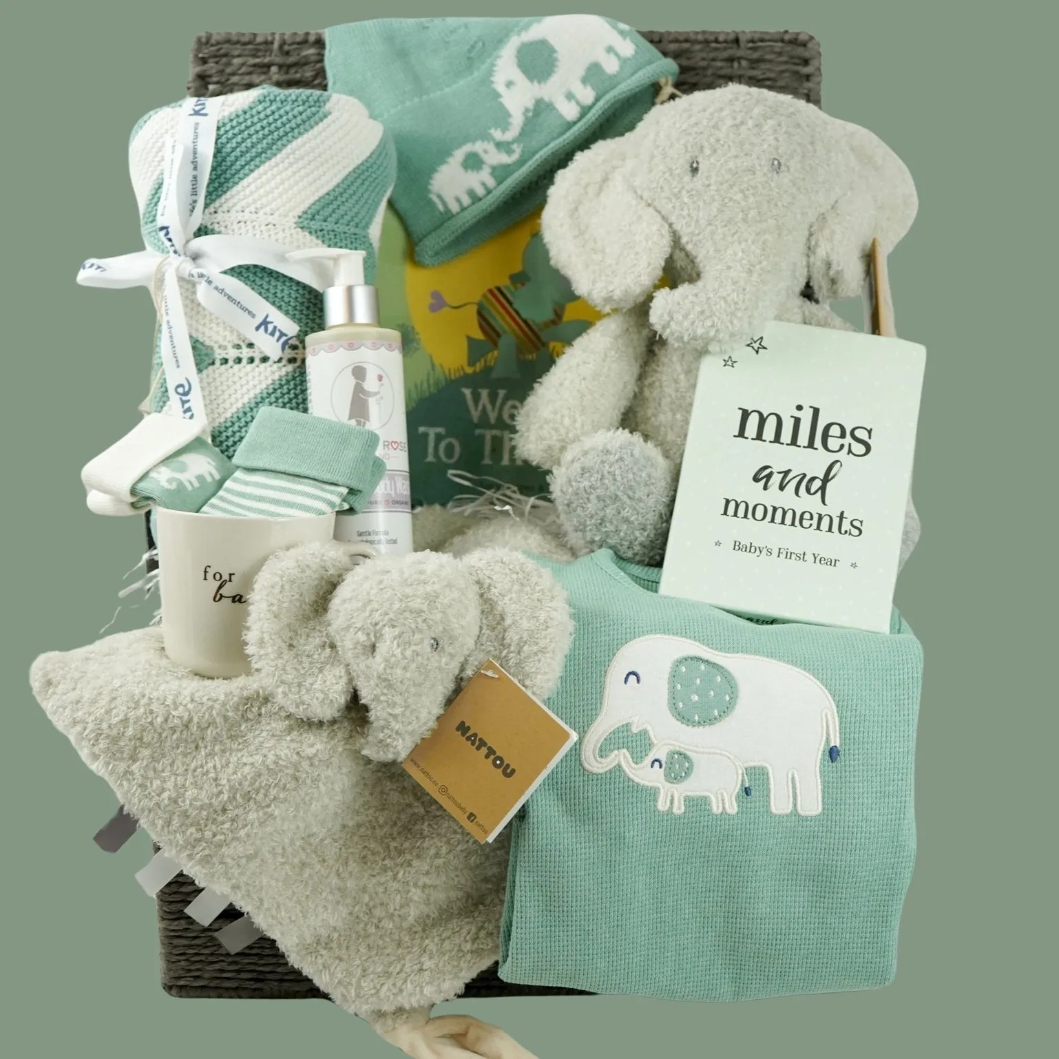 Luxury Neutral Baby Hamper, Organic Baby Outfit And Blanket, Nattou Elephant Soft Toy And Comforter