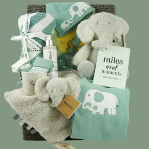 Luxury Neutral Baby Hamper, Organic Baby Outfit And Blanket, Nattou Elephant Soft Toy And Comforter
