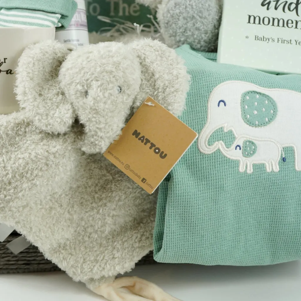 Luxury Neutral Baby Hamper, Organic Baby Outfit And Blanket, Nattou Elephant Soft Toy And Comforter