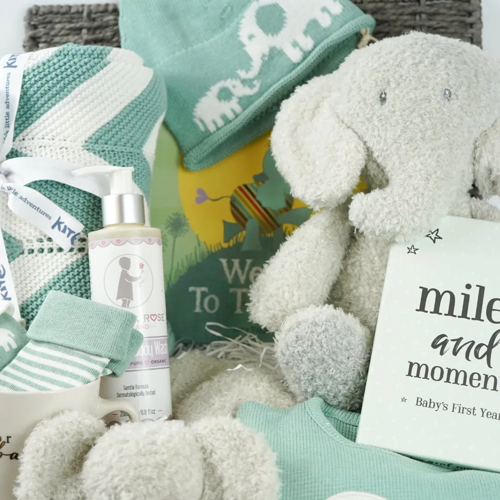Luxury Neutral Baby Hamper, Organic Baby Outfit And Blanket, Nattou Elephant Soft Toy And Comforter