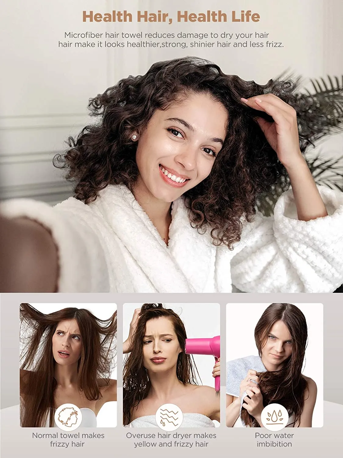 Microfiber Hair Towel,Hicober 3 Packs Hair Turbans for Wet Hair, Drying Hair Wrap Towels for Curly Hair Women Anti Frizz