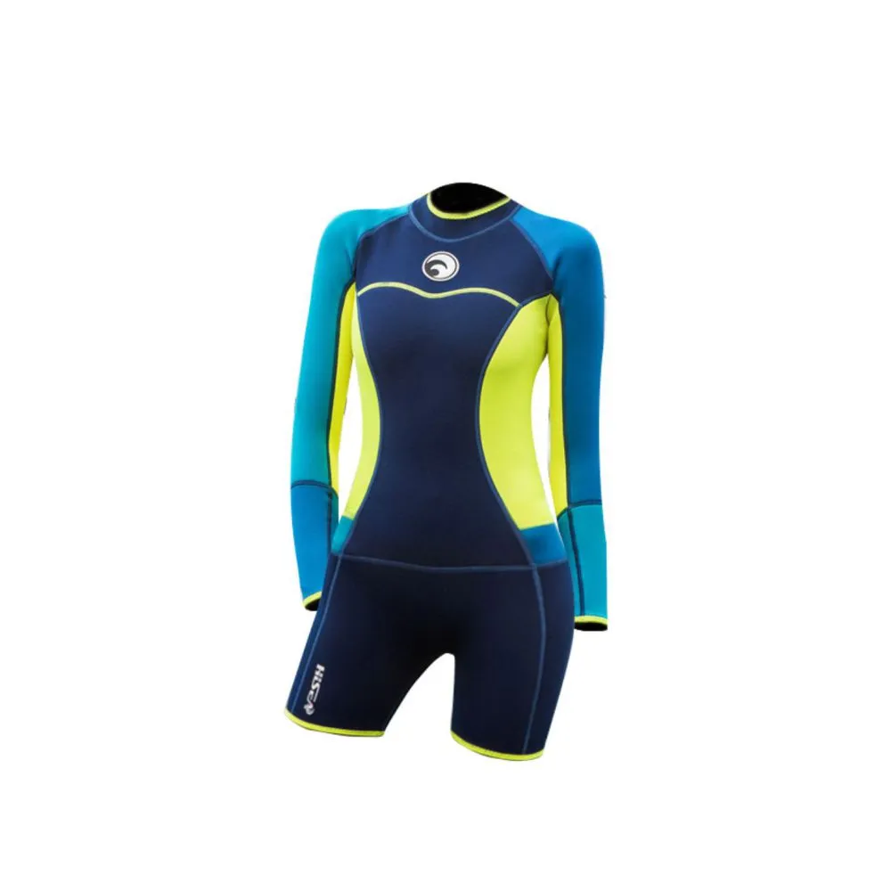NavyTeal and Fluroscent Knee Length Scuba Swimsuit 1.5mm Neoprene Swimwear for water adventures for Teens and Adults