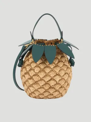 Pineapple Leather-Trimmed Raffia Bucket Bag