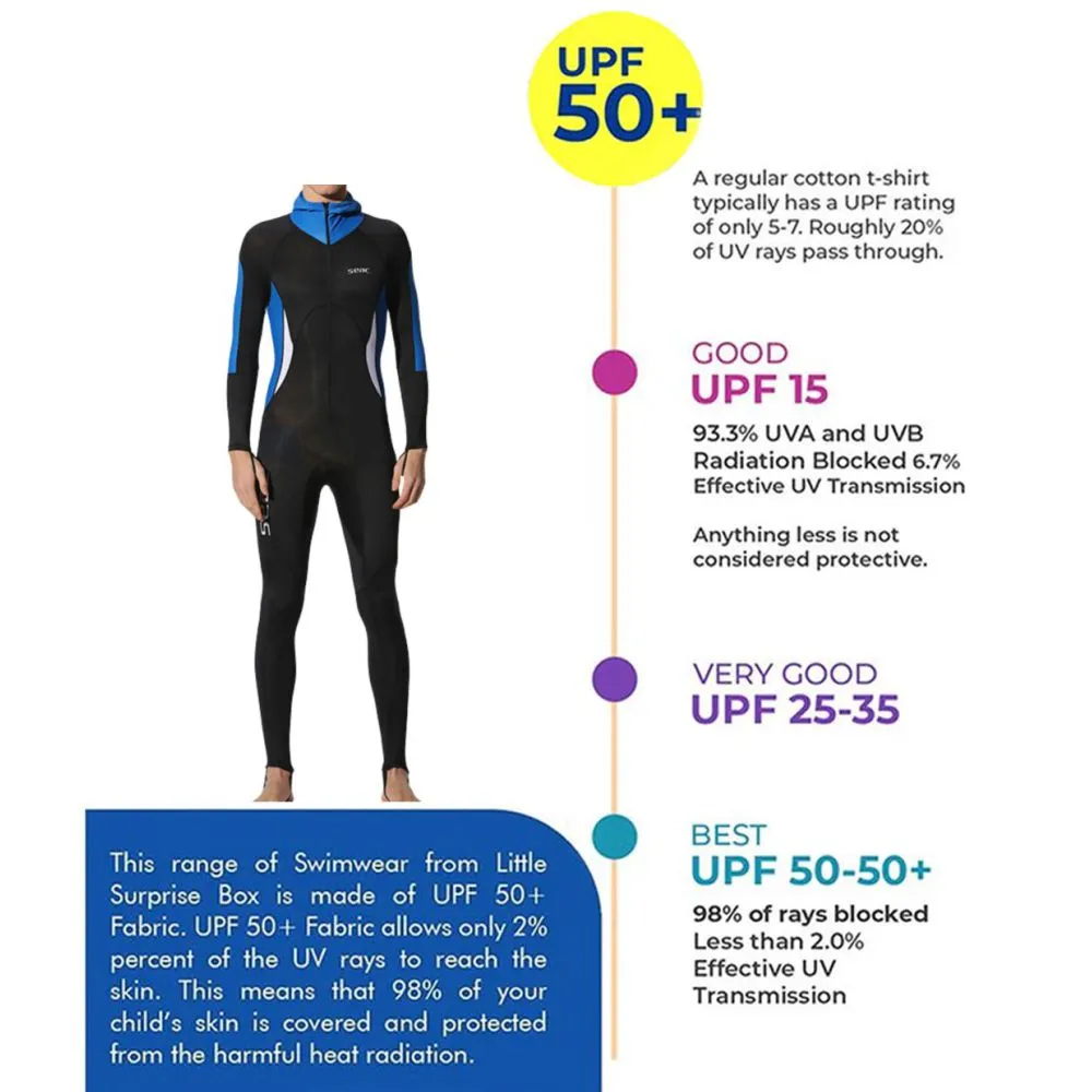 Royal Blue Black and White Full Length UPF 50   Hoodie style  Men's Swimwear for water adventures for Teens and Adults