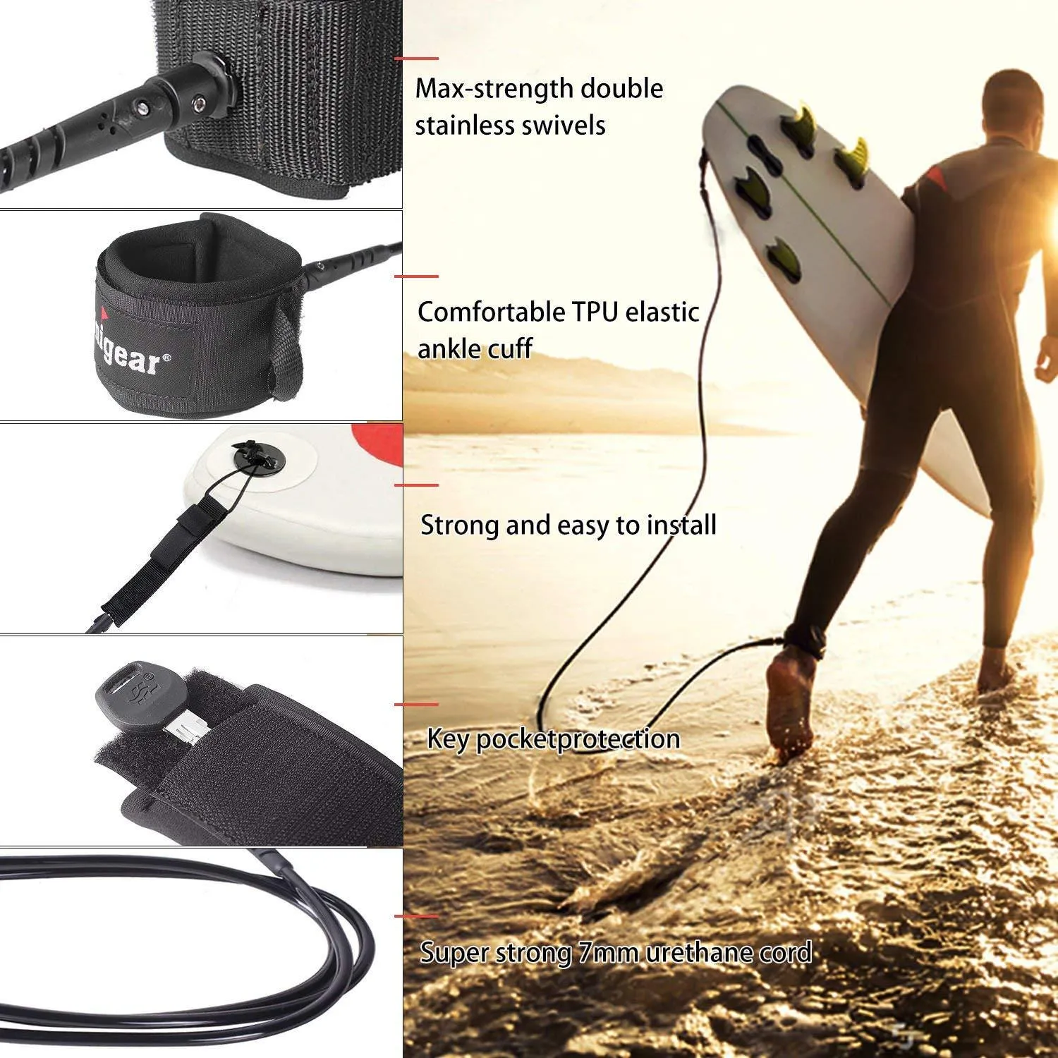 Straight Surfboard Leash with Waterproof Pouch