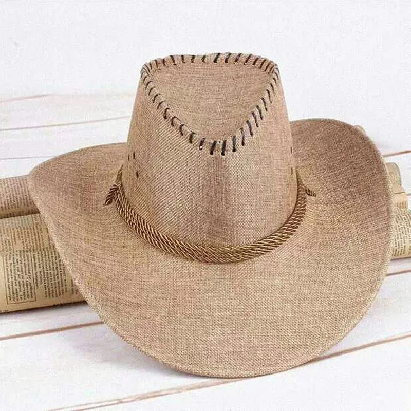 Summer Men Hat Breathable Western Cowboy Sunscreen Cap British Style Men Linen Solid Color Retro Casual Lightweight Hat