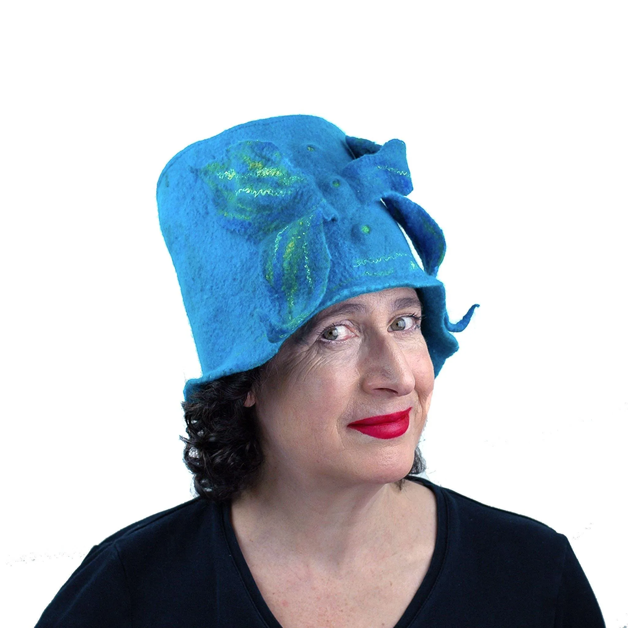 Turquoise Blue Felted Bucket Hat with Wings
