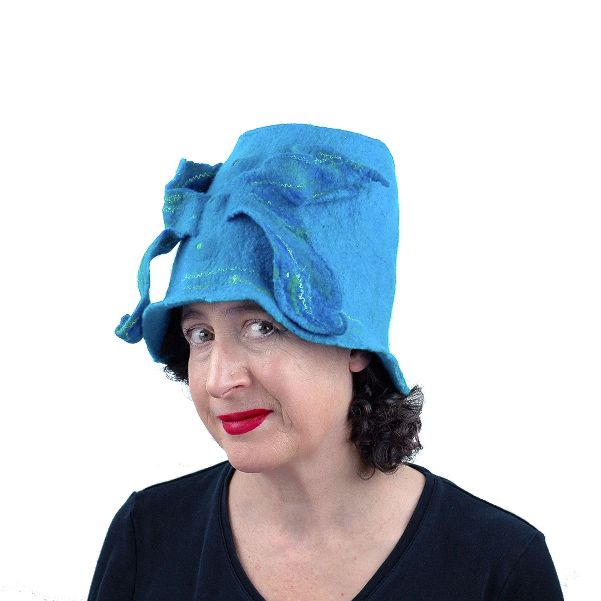 Turquoise Blue Felted Bucket Hat with Wings