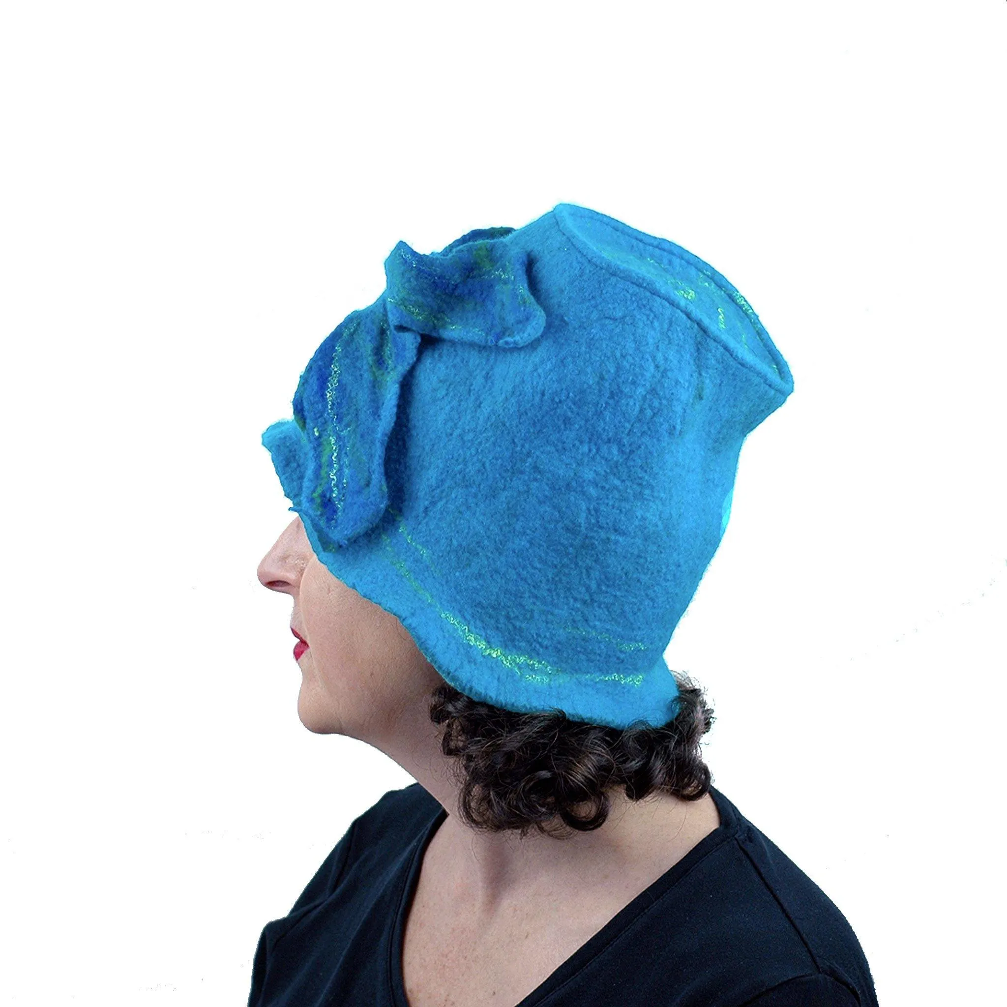 Turquoise Blue Felted Bucket Hat with Wings