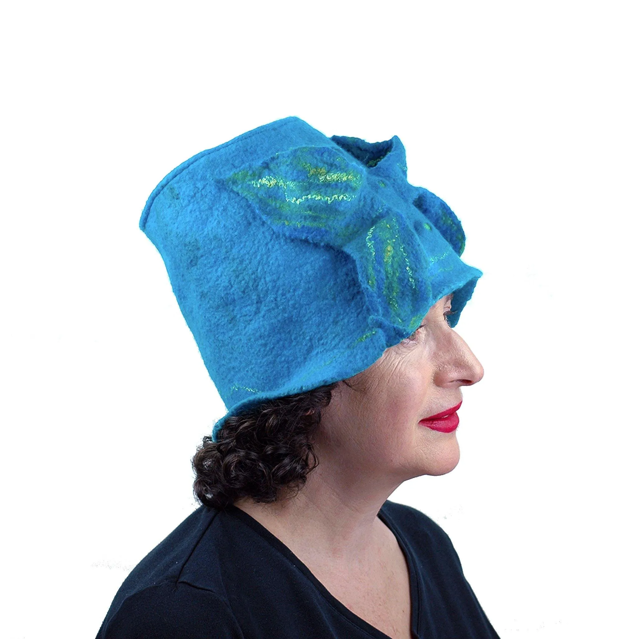 Turquoise Blue Felted Bucket Hat with Wings