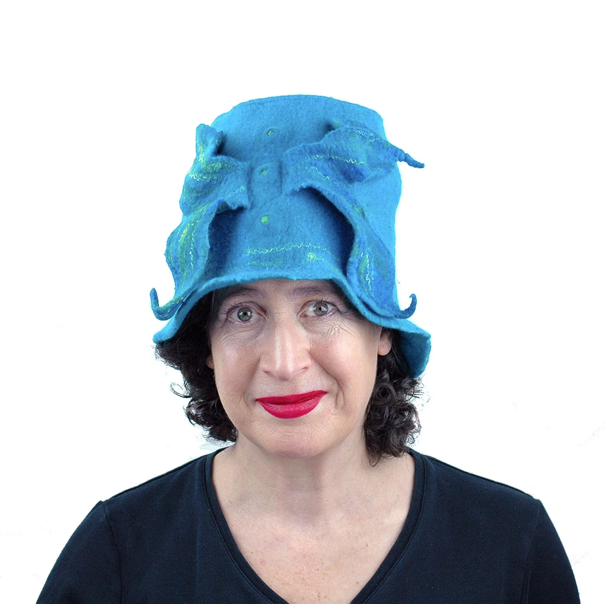 Turquoise Blue Felted Bucket Hat with Wings