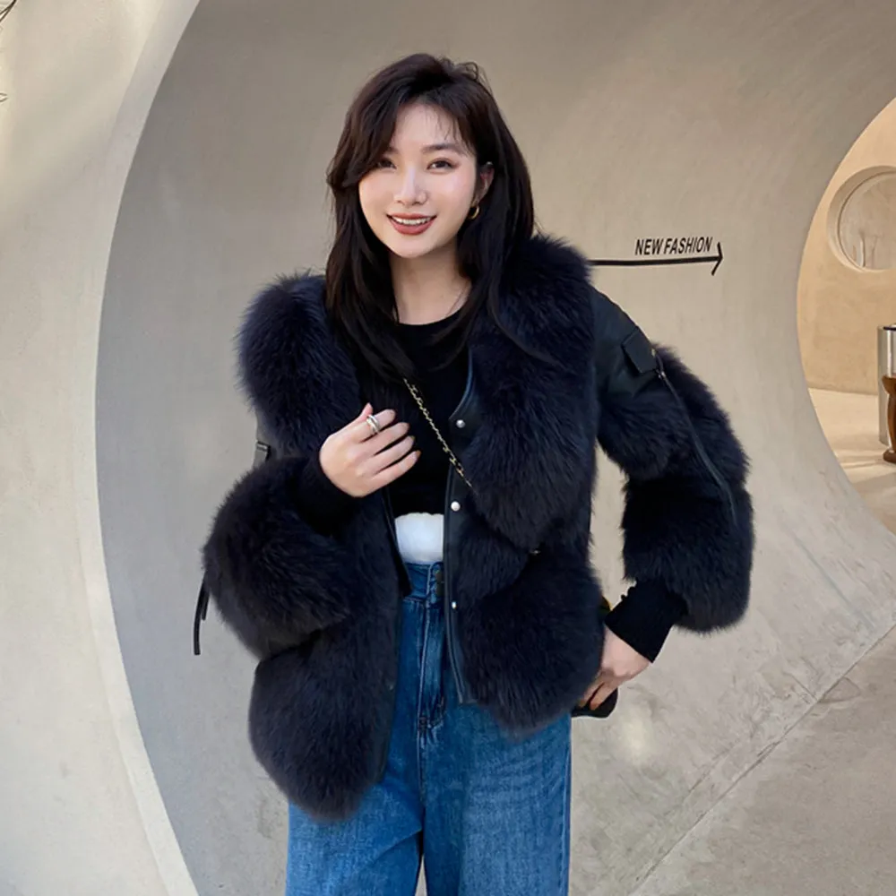 Winter Genuine Sheepskin Leather Jackets Luxury Women Fox Fur Coats