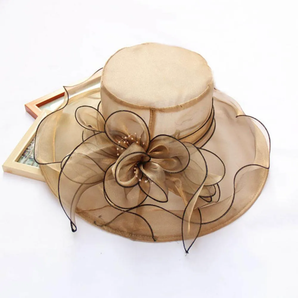 Women Foldable Hat Floral Organza Church Kentucky Lady Tea Party Sun Hat Elegant Fascinator Hats for Womens Wedding Ceremony Hat
