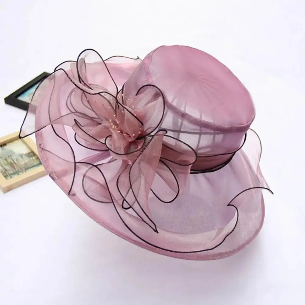 Women Foldable Hat Floral Organza Church Kentucky Lady Tea Party Sun Hat Elegant Fascinator Hats for Womens Wedding Ceremony Hat