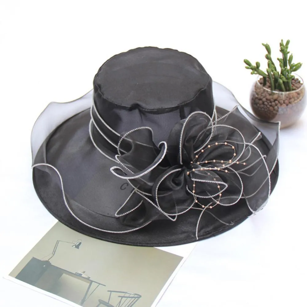 Women Foldable Hat Floral Organza Church Kentucky Lady Tea Party Sun Hat Elegant Fascinator Hats for Womens Wedding Ceremony Hat