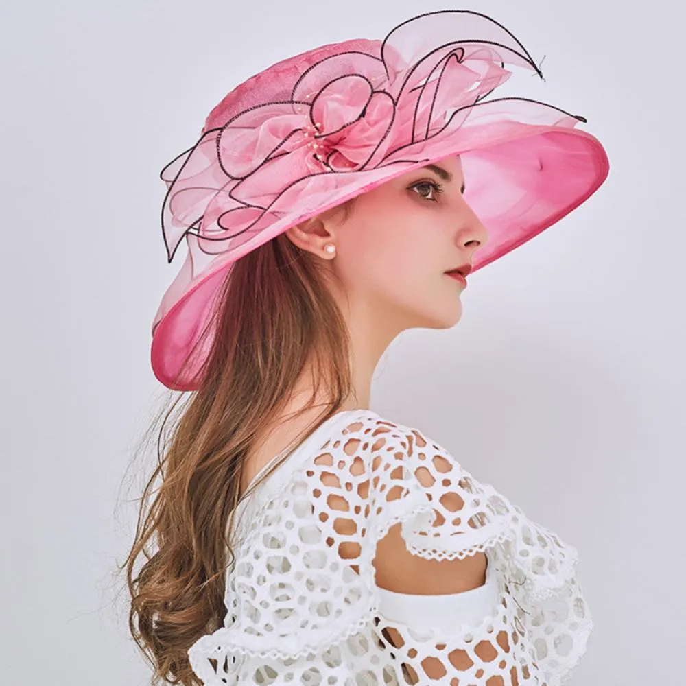 Women Foldable Hat Floral Organza Church Kentucky Lady Tea Party Sun Hat Elegant Fascinator Hats for Womens Wedding Ceremony Hat