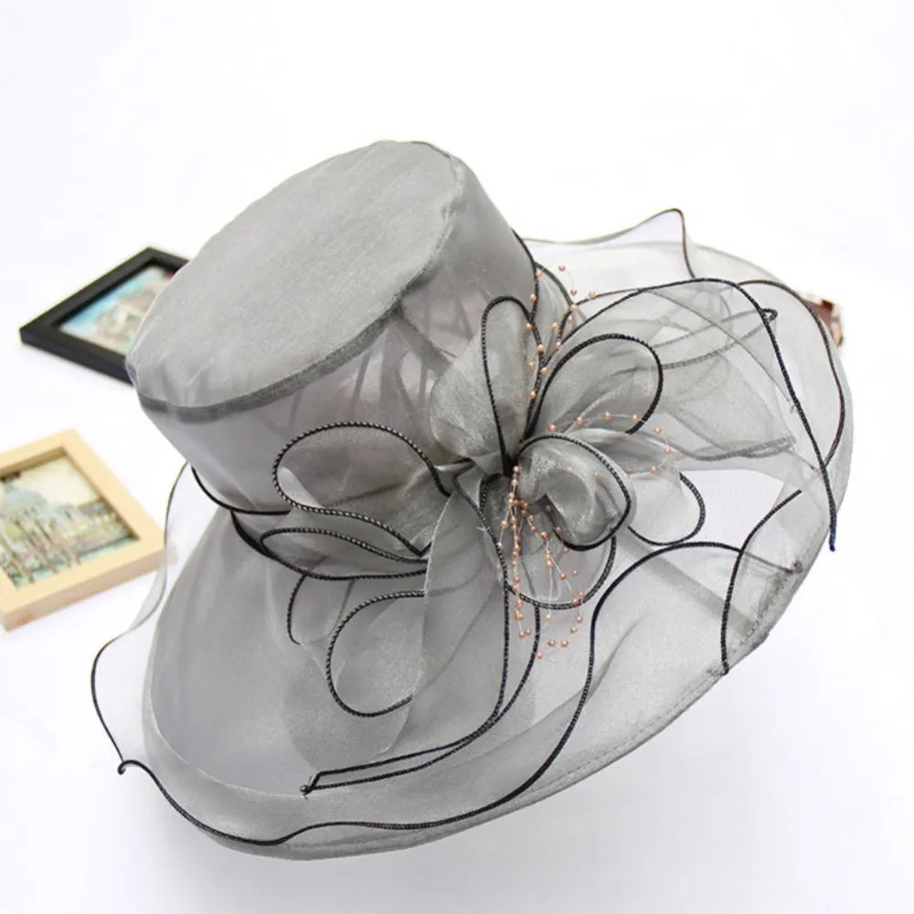 Women Foldable Hat Floral Organza Church Kentucky Lady Tea Party Sun Hat Elegant Fascinator Hats for Womens Wedding Ceremony Hat