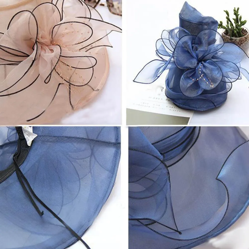 Women Foldable Hat Floral Organza Church Kentucky Lady Tea Party Sun Hat Elegant Fascinator Hats for Womens Wedding Ceremony Hat