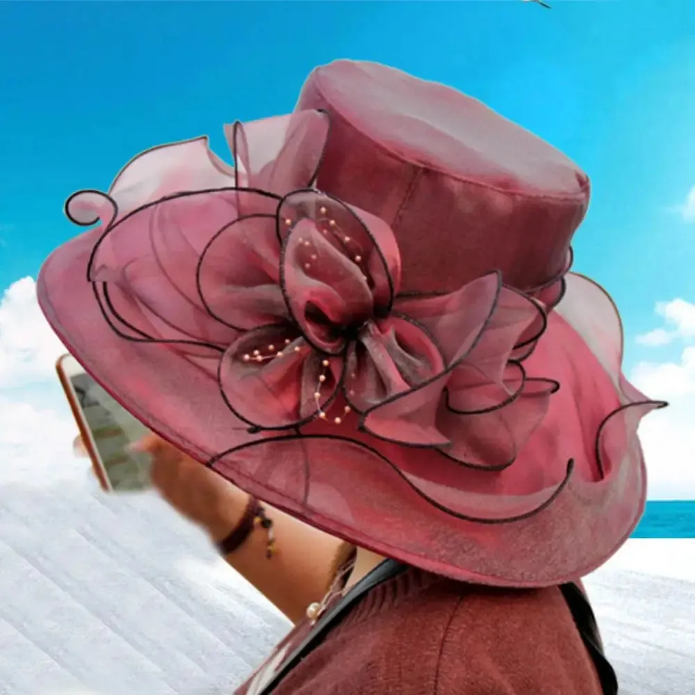 Women Foldable Hat Floral Organza Church Kentucky Lady Tea Party Sun Hat Elegant Fascinator Hats for Womens Wedding Ceremony Hat