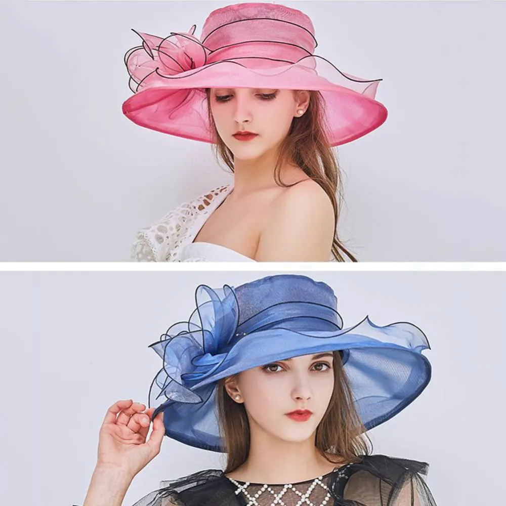 Women Foldable Hat Floral Organza Church Kentucky Lady Tea Party Sun Hat Elegant Fascinator Hats for Womens Wedding Ceremony Hat
