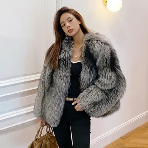 Women Silver Fox Fur Coat V-neck Luxury Full Fur Overcoat Long Sleeve Warm 2022 New Winter 4905
