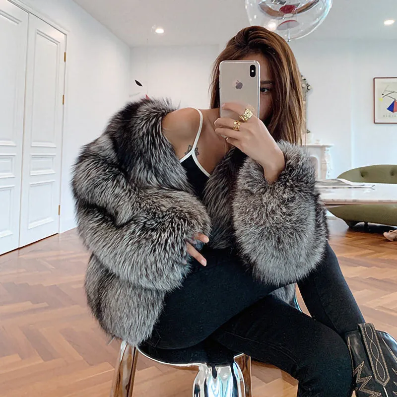 Women Silver Fox Fur Coat V-neck Luxury Full Fur Overcoat Long Sleeve Warm 2022 New Winter 4905