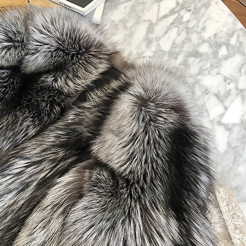Women Silver Fox Fur Coat V-neck Luxury Full Fur Overcoat Long Sleeve Warm 2022 New Winter 4905