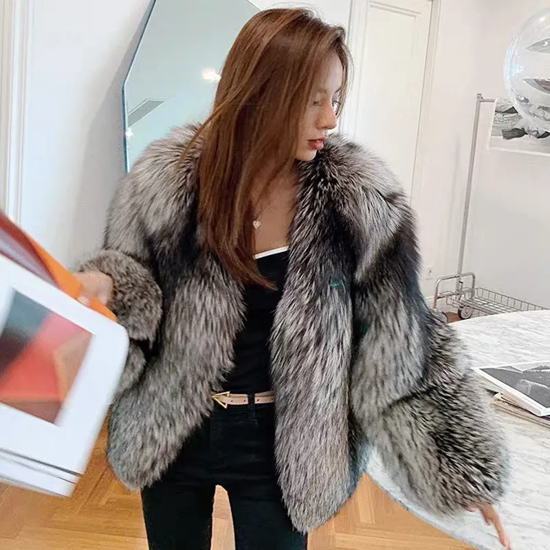 Women Silver Fox Fur Coat V-neck Luxury Full Fur Overcoat Long Sleeve Warm 2022 New Winter 4905