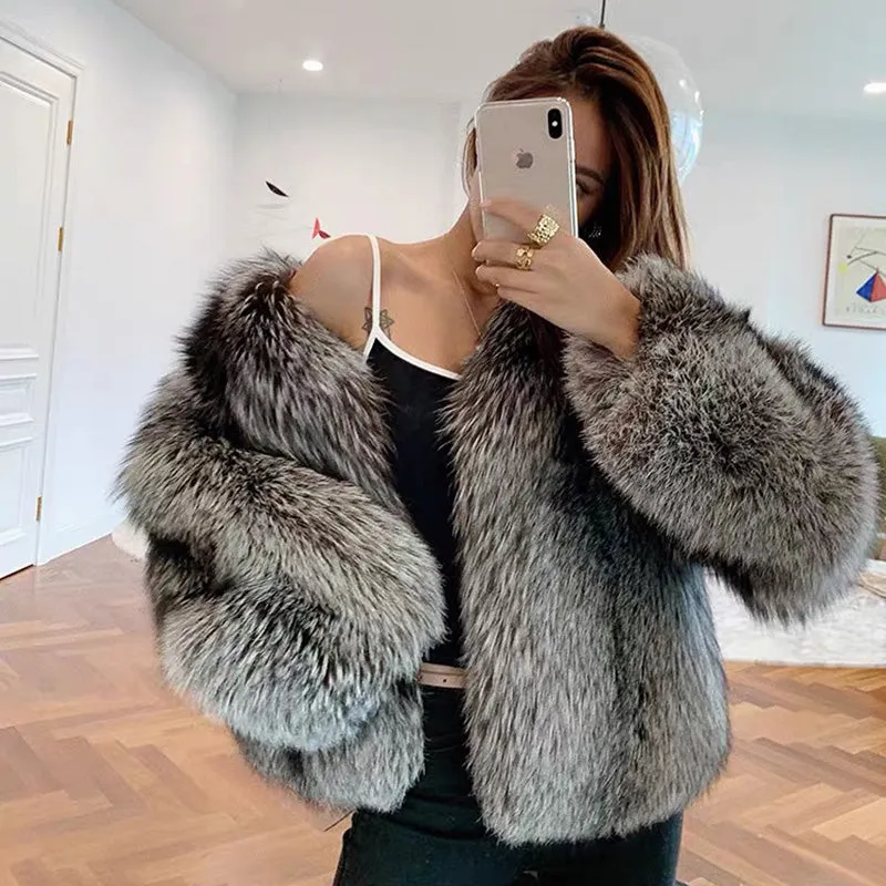Women Silver Fox Fur Coat V-neck Luxury Full Fur Overcoat Long Sleeve Warm 2022 New Winter 4905