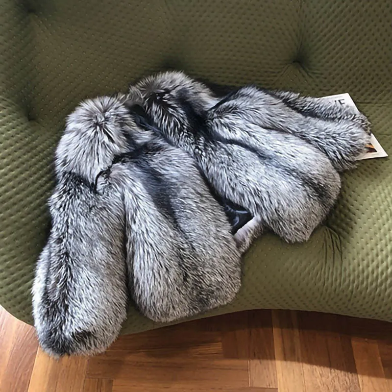 Women Silver Fox Fur Coat V-neck Luxury Full Fur Overcoat Long Sleeve Warm 2022 New Winter 4905