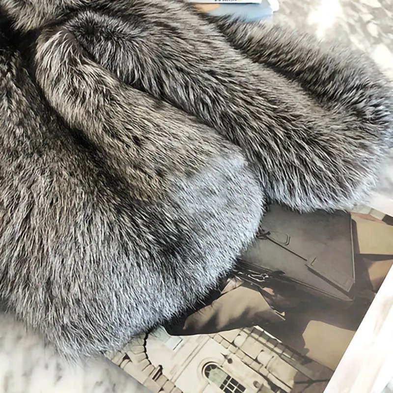 Women Silver Fox Fur Coat V-neck Luxury Full Fur Overcoat Long Sleeve Warm 2022 New Winter 4905