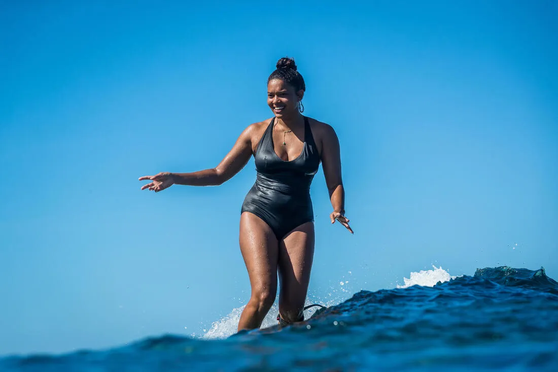 Women’s surfing one-piece swimsuit with double back adjustment AGATHA - BLACK